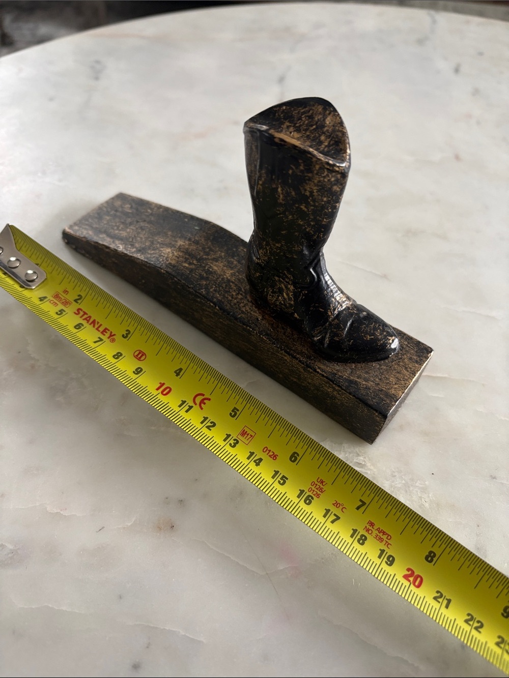 Decorative Vintage Boot Doorstop in Distressed Black and Gold